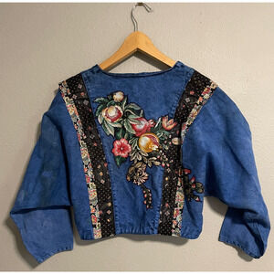 Vintage Womens Jacket Small Denim Acid Wash Floral Open Cropped Artsy 90s READ